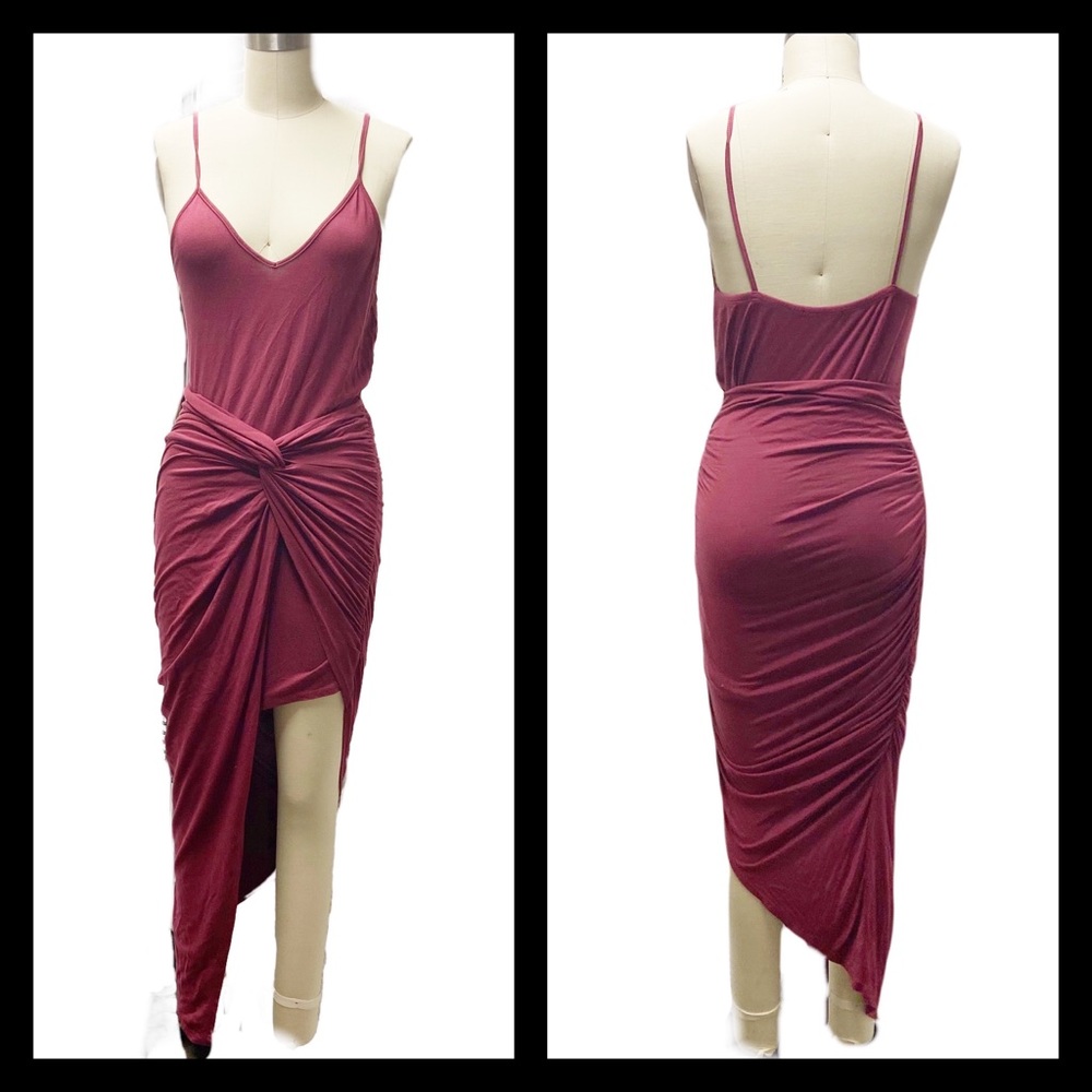 Asymmetrical cotton knit rusched gathered dress wine red Medium spaghetti strap